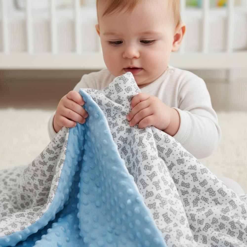 Blanket, plaid, MINKY 75x100 (blue + bunnies)
