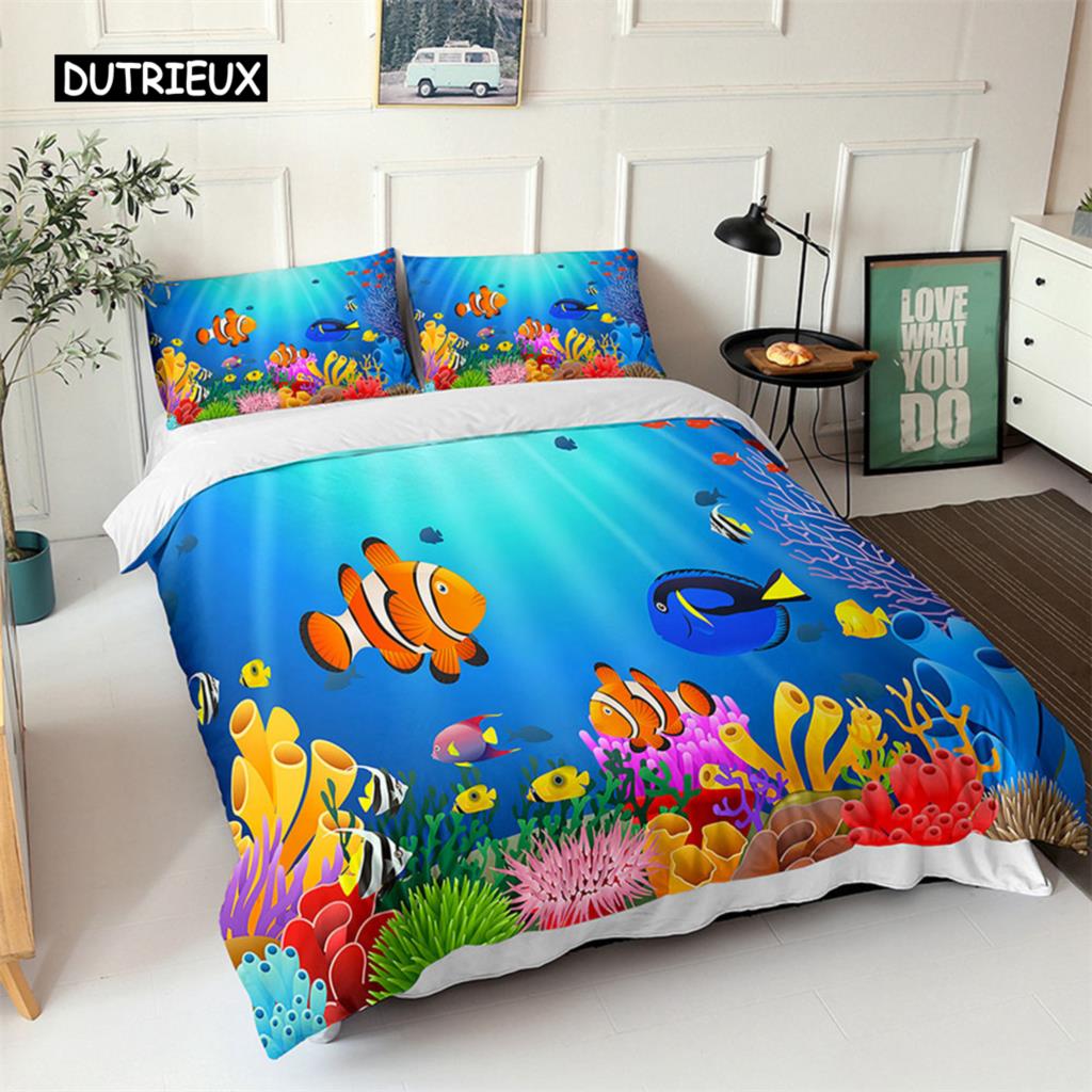 Комплект постельного белья Ocean с изображением синих морских рыб и 3D-принтом для детей. Мягкий полиэстеровый чехол для одеяла Queen King с изображением северного океана