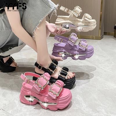 Модные сандалии на толстой платформе для женщин, повседневные летние, новый корейский стиль, со стразами, с открытым носком, на высоком каблуке
