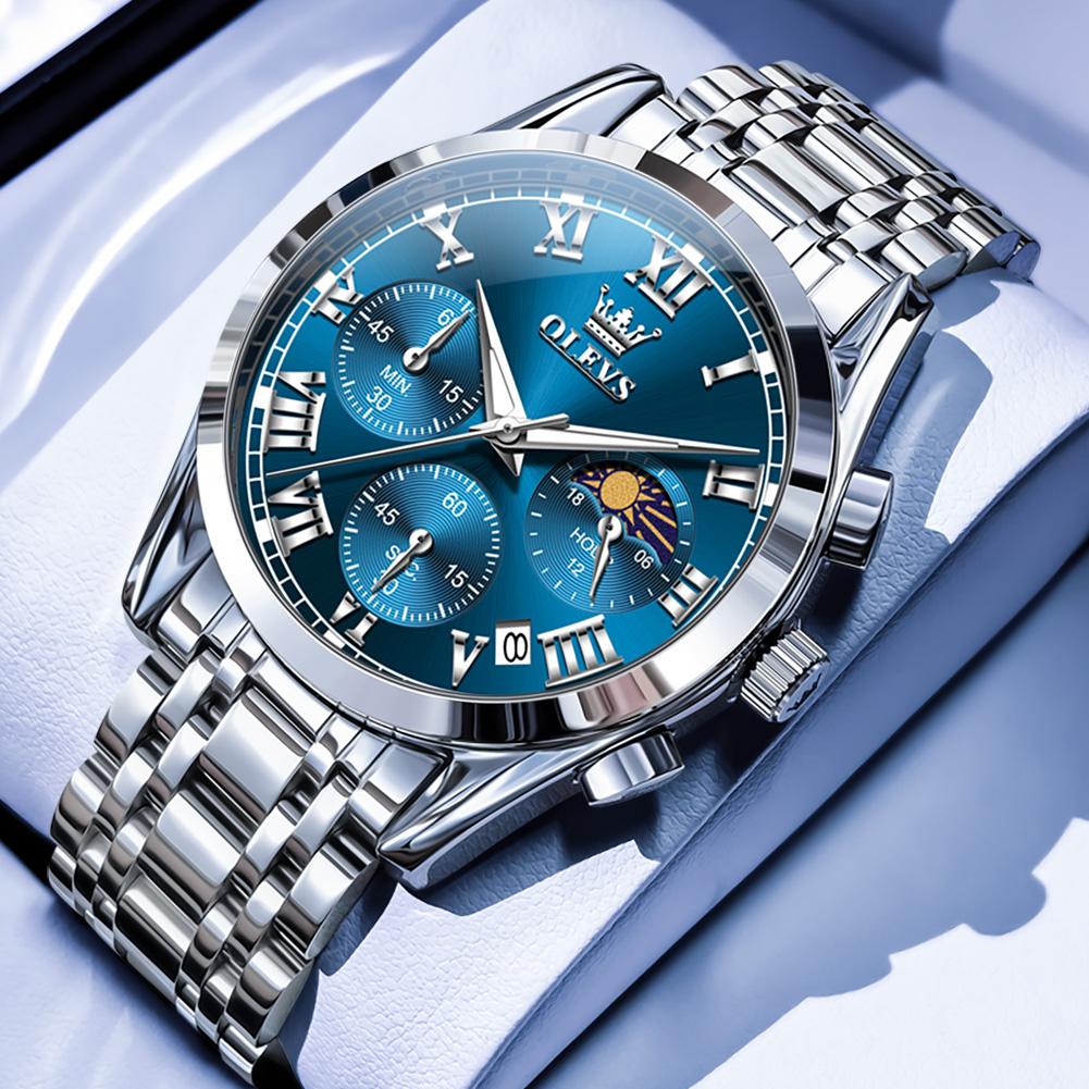 OLEVS Luxury Sport Man Wristwatch Original Luminous Moon Phase Chronograph Watch For Men Stainless Steel Men's Quartz Watches