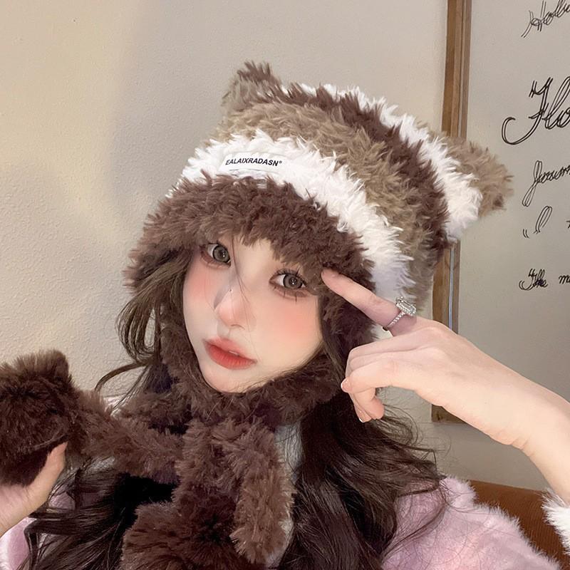 Hat Female Autumn and Winter Warm Knitted Wool Snow Hat Cycling Mother Fashion Ear Protection Headgear Scarf Integrated Hat