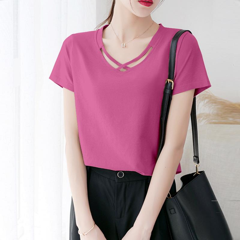 Женский летний топ 2024 года с V-образным вырезом, короткими рукавами, в корейском стиле, с перекрестным вырезом, однотонный