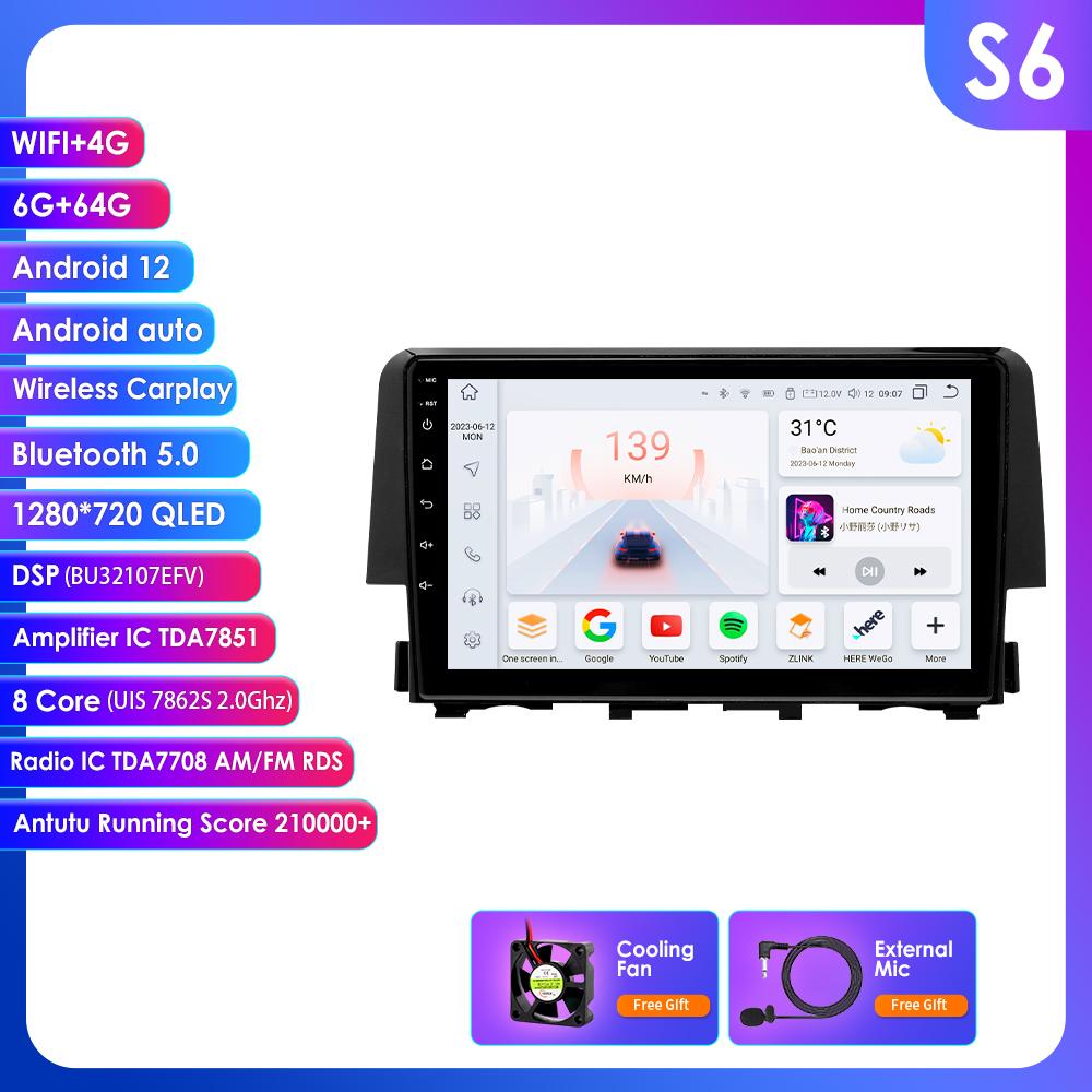 Hizpo Интеллектуальное 7862 Авторадио Android 14 Carplay Автомагнитола Радио для Honda Civic 2016 2017 2018 Мультимедийный плеер Навигация GPS 2Din 4G Аудио