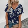 Fashion Summer Women's V-neck Short Sleeve T-Shirt Retro Flower Pattern Print T-Shirt Casual Women's Elegant Large Size T-Shirt