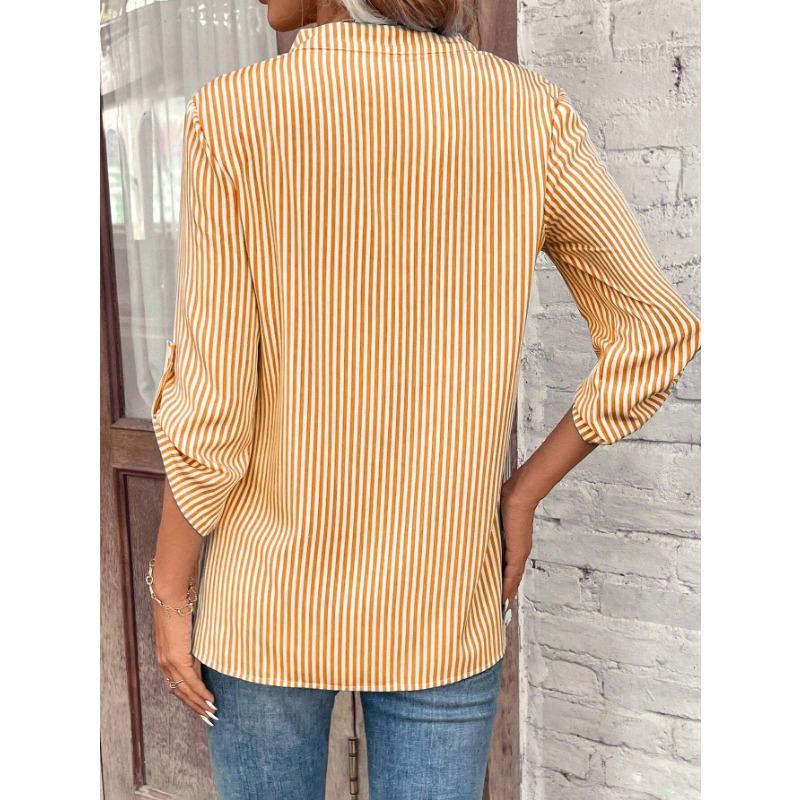YYFS Женские модные повседневные летние весенние блузки и рубашки с v-образным вырезом и рукавами 1/2 в полоску с принтом