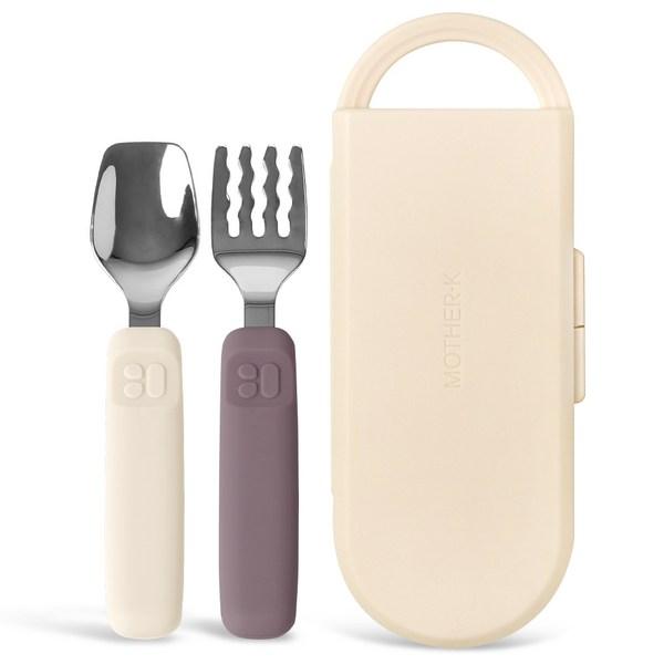 Mother K Silicone Spoon + Fork + Case Set, Ivory (spoon), Purple (fork), 1 Set