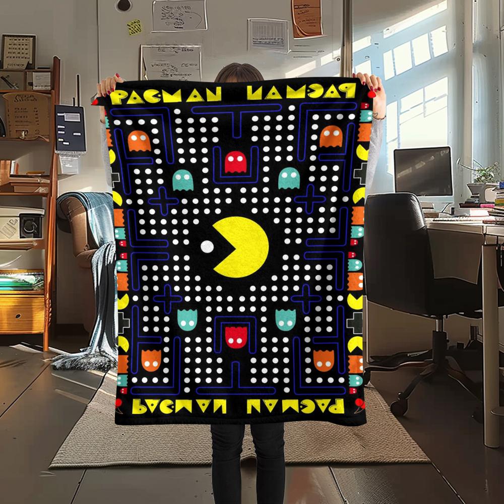 1 шт. Фланелевое одеяло с принтом Pacman, Высококачественное, Удобное для всех сезонов, Декор для дома, Тепло и уют, Идеально для подарков