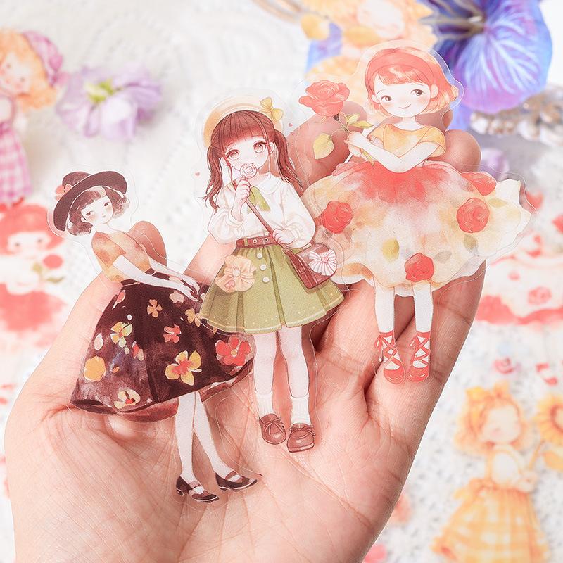 12-Sheet Cute Cartoon Young Girl Sticker Collection, Lovely Anime-Style Figures, Ideal for Scrapbooking & DIY Crafts