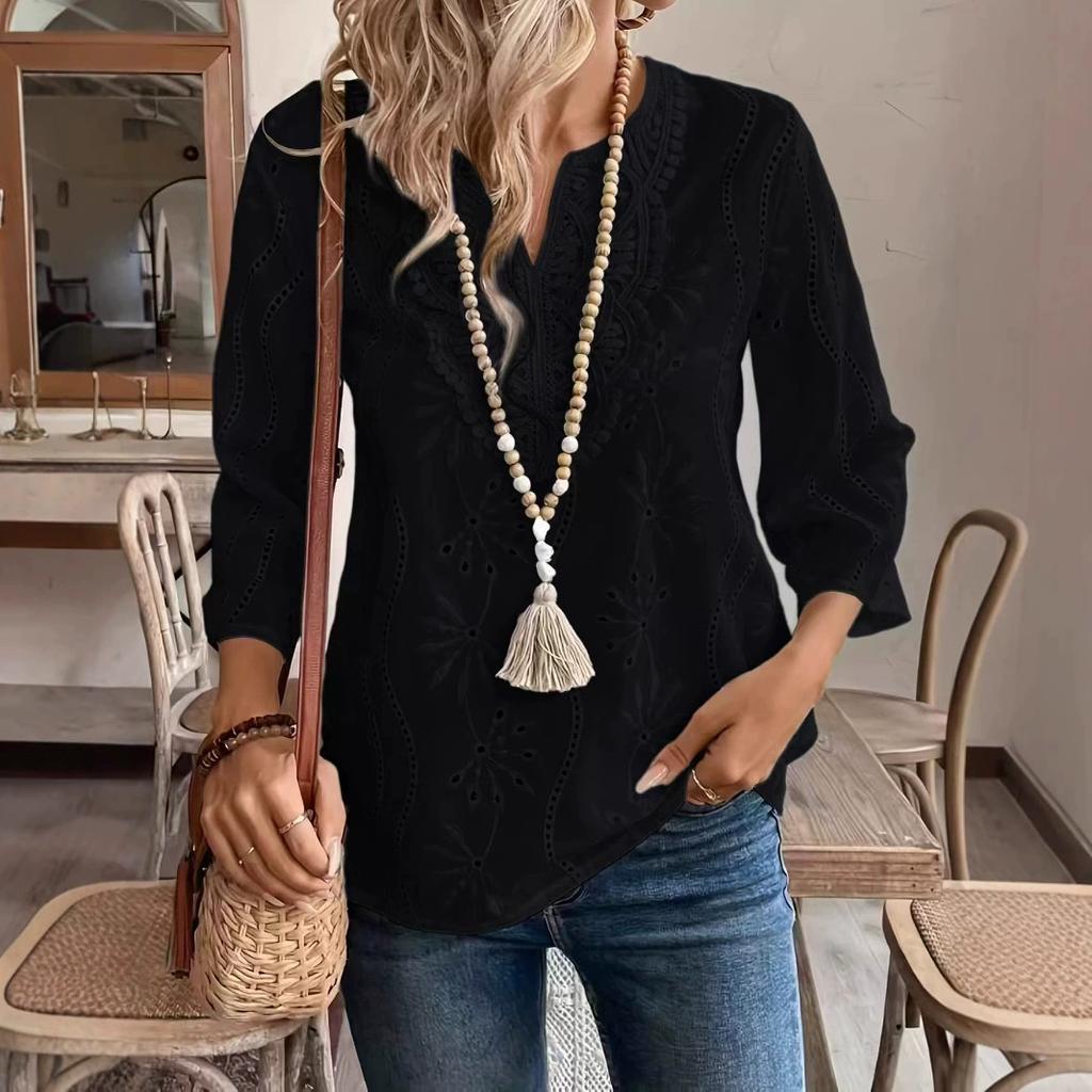 Spring and Autumn New Loose V-neck Embroidered Flared Sleeve Lace Top Chiffon Shirt