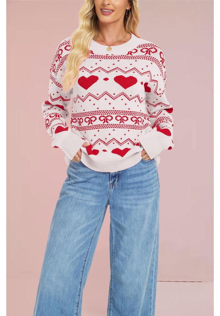 European & American Style Valentine's Heart Pattern Women's Casual Long Sleeve Knit Sweater