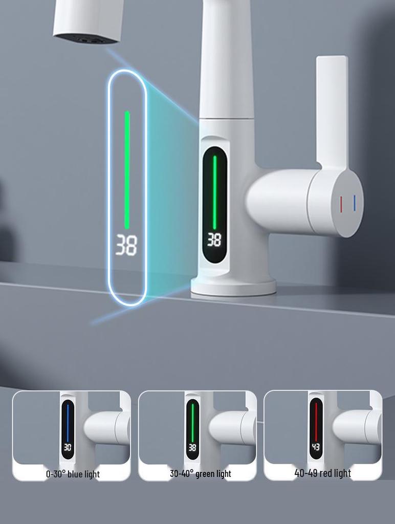 Rotating Brass Countertop Basin Faucet with Digital Display & Aerated Waterfall