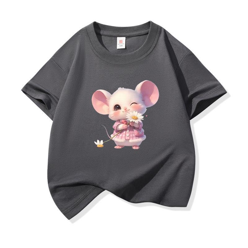 Kids Cotton T Shirt Little Mouse With Daisy Flower Print Crew Neck Short Sleeve Tee Casual Boys Girls Summer Tops