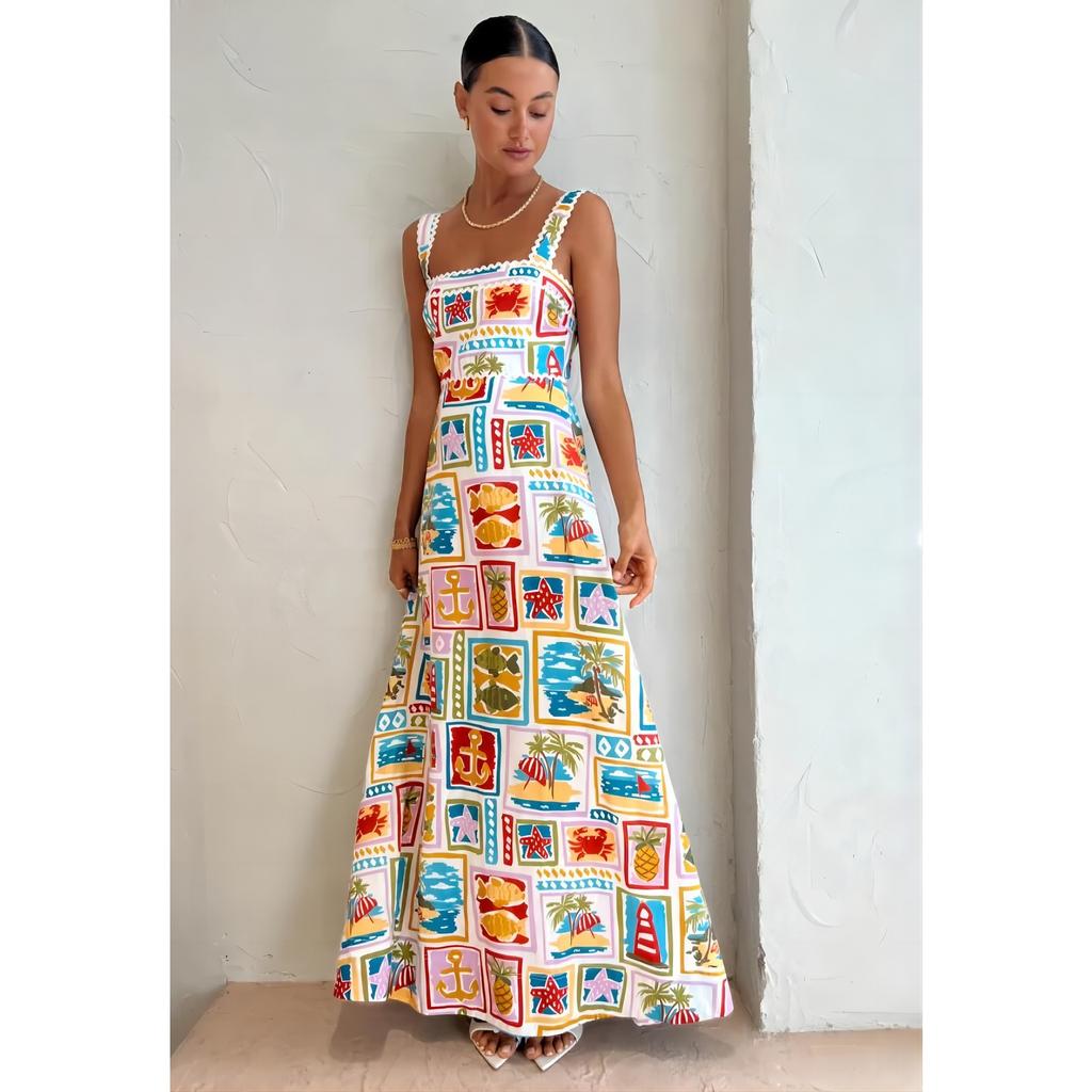 QICED Fashion Personality Graffiti Halter Top Sexy Lace Dress Women