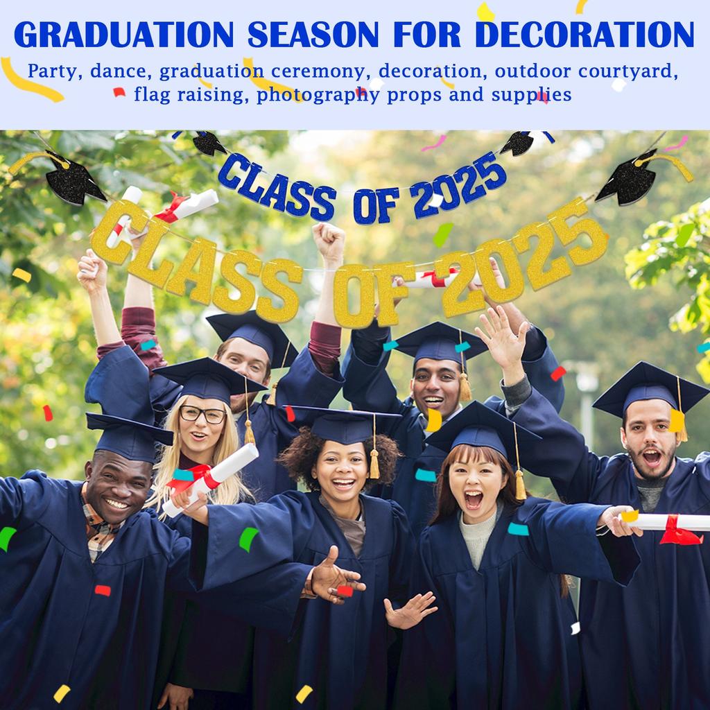 Выпускной сезон 2025 года, украшение для вечеринки, украшение, сверкающая бумажная лента, флаг, шляпа, тянущая цветок