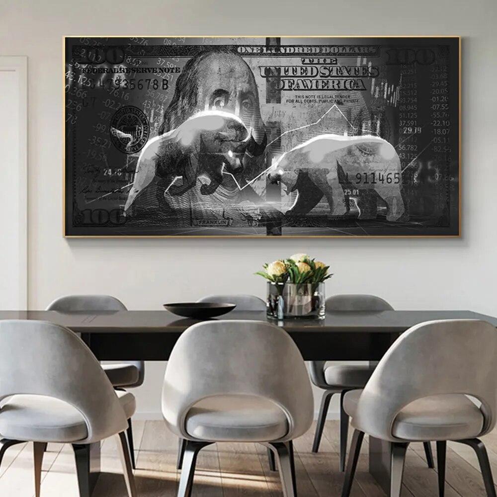 Граффити Wall Street Bull Art Мотивационный Плакат и Печать на Холсте Картина Долларов Картина для Гостиной Украшения Дома Подарок Без Рамки