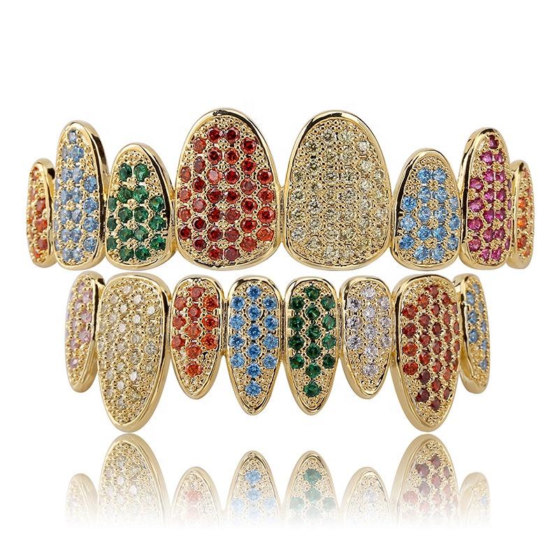 Bling Bling Rainbow CZ Zircon Paved Teeth Grillz Colorful Ice Bars Top Bottom Hip Hop Body Jewelry for Weddings