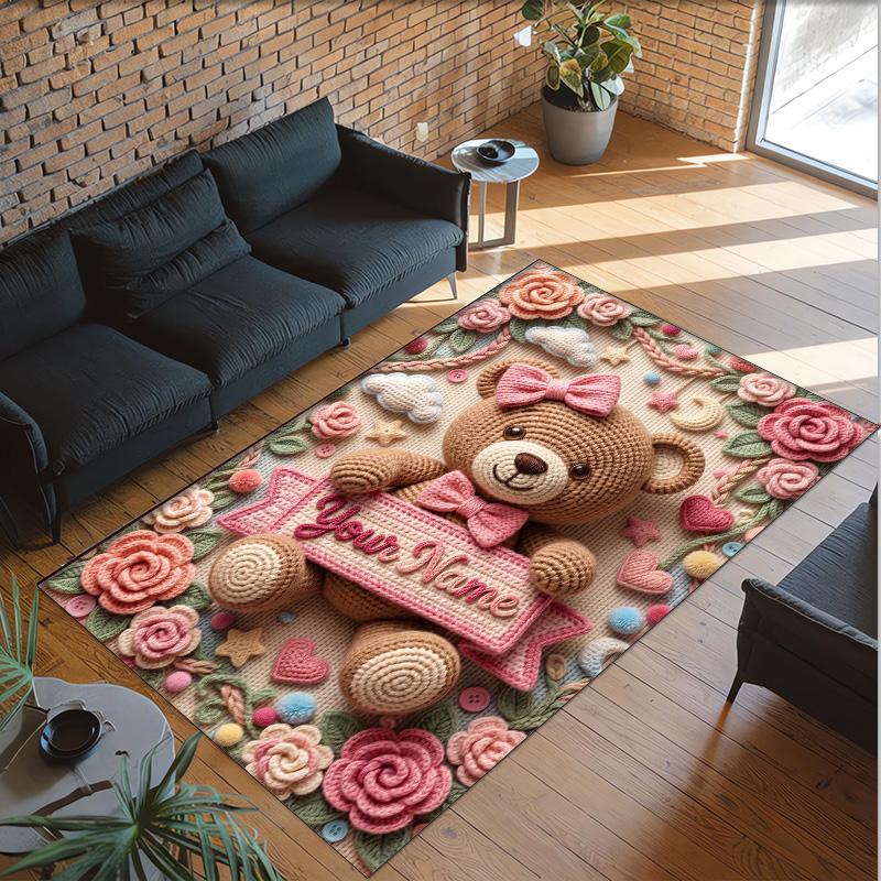 Teddy Bear Theme Crystal Velvet Rug Personalized Custom Name Text Soft Floor Mat Home Decor