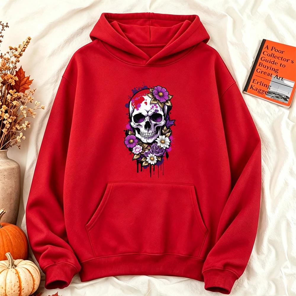 Gothic Purple Floral Skull Graphic Women Hoodie Long Sleeve Fall Winter Halloween Day of Dead Aesthetic Streetwear Y2K Women Top