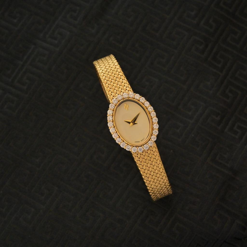Luxury Gold Plated Oval Women's Watch Diamond Bezel Woven Mesh Band Elegant Quartz Wristwatch for Ladies