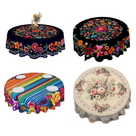 Мексиканская скатерть с цветочным принтом, круглая, с фестончатым краем, красочная скатерть с узором в стиле народного искусства для дома, фермерского дома, обеденного стола