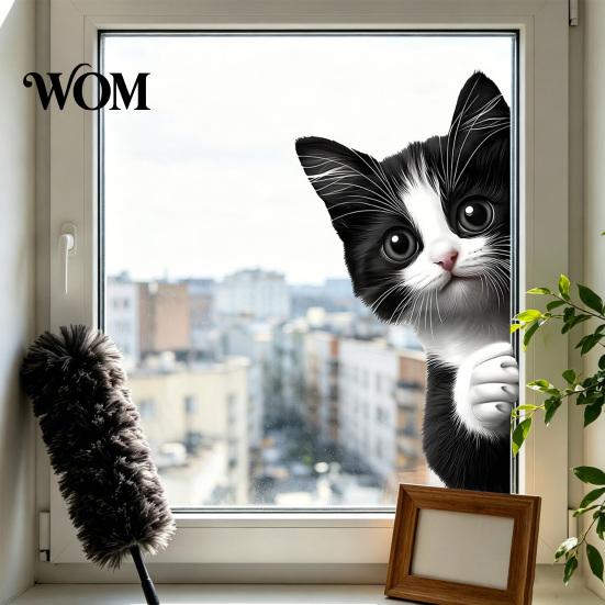 Decorative Glass Stickers for Bathroom Cute Pet Static Sticker, 3D Peeking Animal Decal, Waterproof Cat Window Art PVC Removable Cling, Home