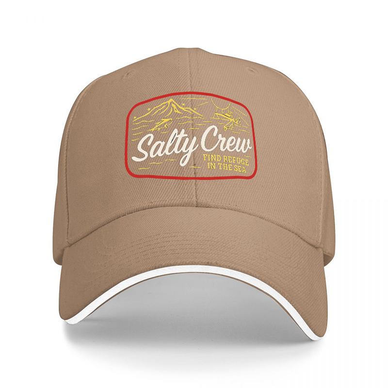 Salty Crew Logo Baseball Cap Black with Mountain and Sea Design Find Refuge in the Sea Embroidered Patch Hat