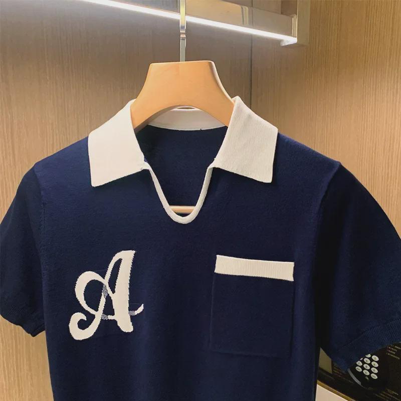 Трендовая мужская трикотажная рубашка-поло с цветными блоками и V-образным вырезом — европейский и американский стиль