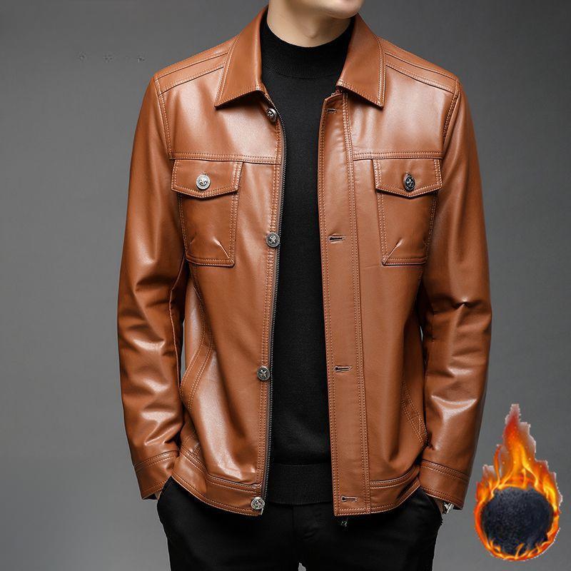 Мужское кожаное пальто плюс бархатное тонкое пальто осенне-зимняя мотоциклетная куртка с лацканами мужская повседневная куртка из натуральной кожи из овчины