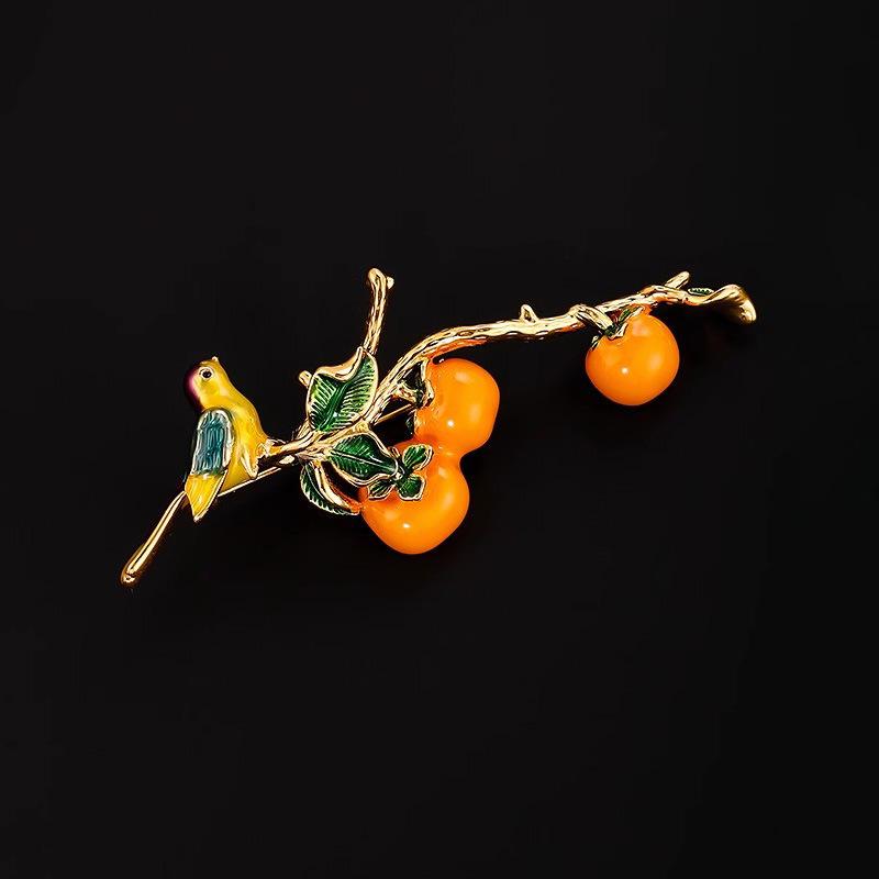 Happy Events Keep Coming. Magpie Persimmon Brooch, Classical Cheongsam Fixed Pin, High-end Corsage Accessory