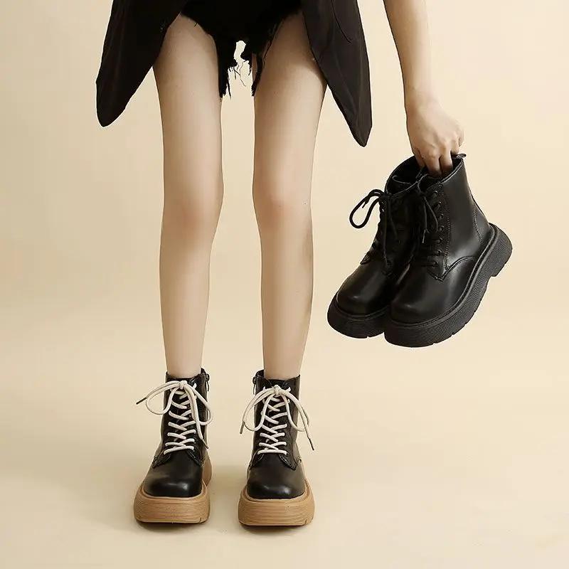 Короткие ботинки в британском стиле для женщин 2024 года, осень, новые, ретро, толстая подошва, увеличивающая рост, универсальная, для похудения, женская обувь, кроссовки