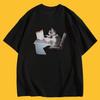 Cartoon Pattern Tee with Cat Working Overtime Stylish Tee Crewneck Short Sleeve Cute Minimalist Summer Casual Outings Women Tee