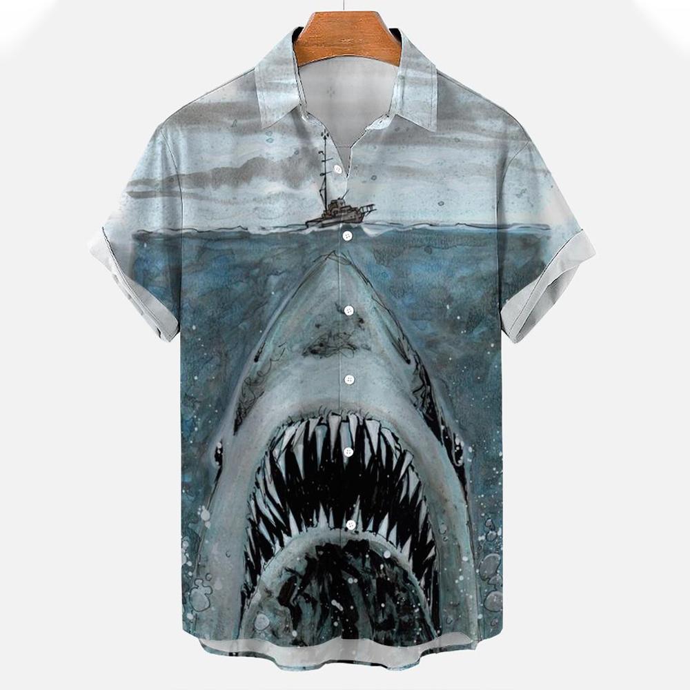 Новые мужские рубашки с 3D принтом животных, модная уличная рубашка на пуговицах с короткими рукавами и лацканами для мужчин, блузка с гавайской акулой, футболка