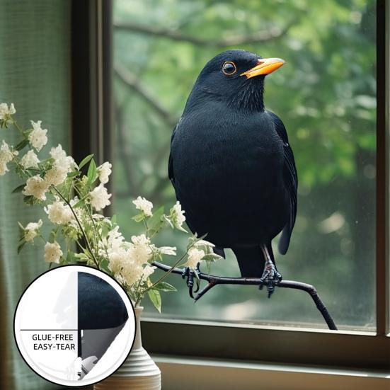 Large Crow Window Sticker Black Raven Bird on Branch PVC Decal Reusable Double-Sided Static Window Clings for Living Room Glass Door Window Decor