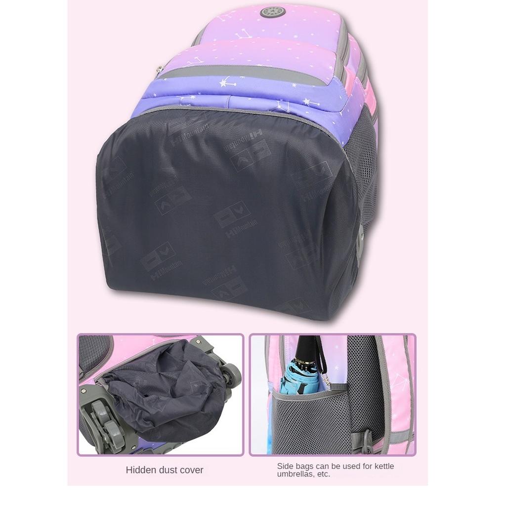 Школьники переносят и тянут ранцы на тележке двойного назначения с колесами, на которых можно подниматься по лестнице.