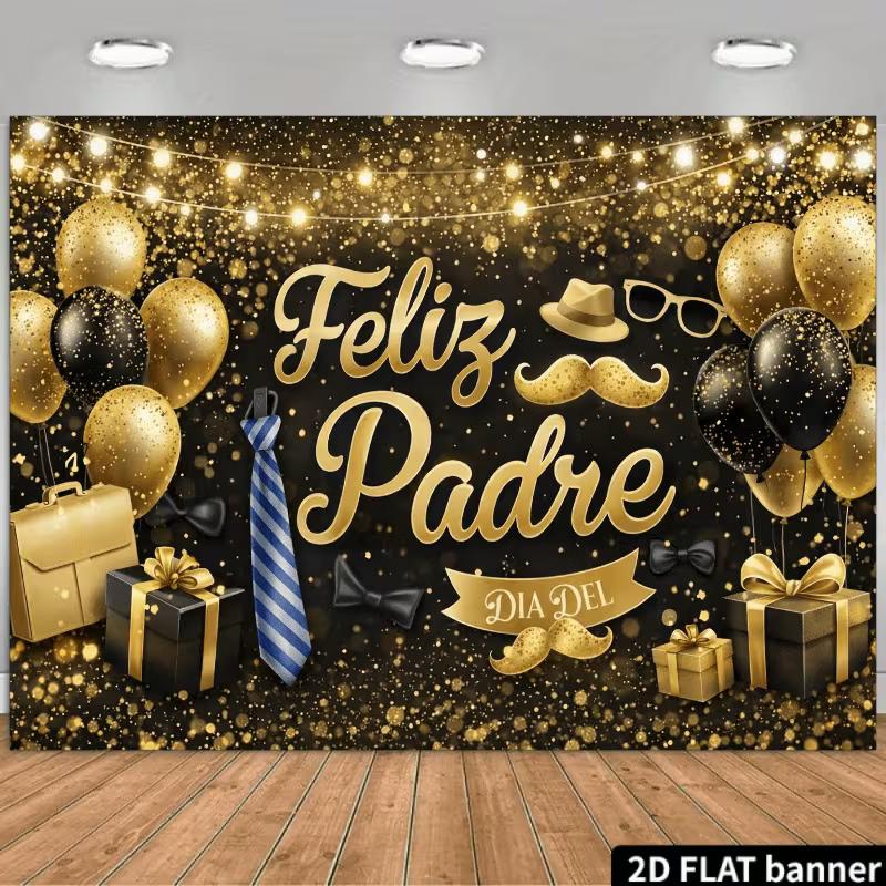 2D Black Gold Father's Day Backdrop, Feliz Padre Tie & Balloon Photography Background
