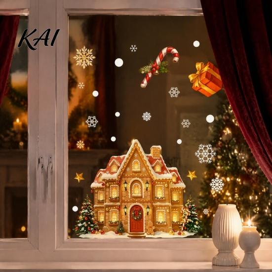 Christmas Window Clings Cling, Santa/Snowman/House/ Tree Patterns Print, Waterproof Gingerbread House Stickers PVC Decorative Static Sticker for