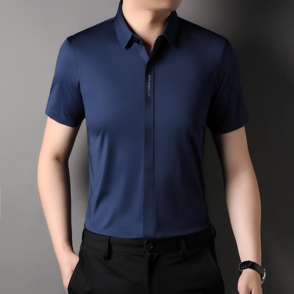 2025 Лето Мужская Однотонная Рубашка Мужская Деловая Платье Гавайские Рубашки Лето Мужская Свободная Блузка с Коротким Рукавом