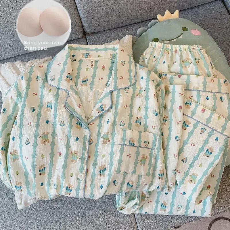 Женский пижамный комплект из хлопка в горошек: Кардиган с длинными рукавами и нагрудными накладками на весну и осень