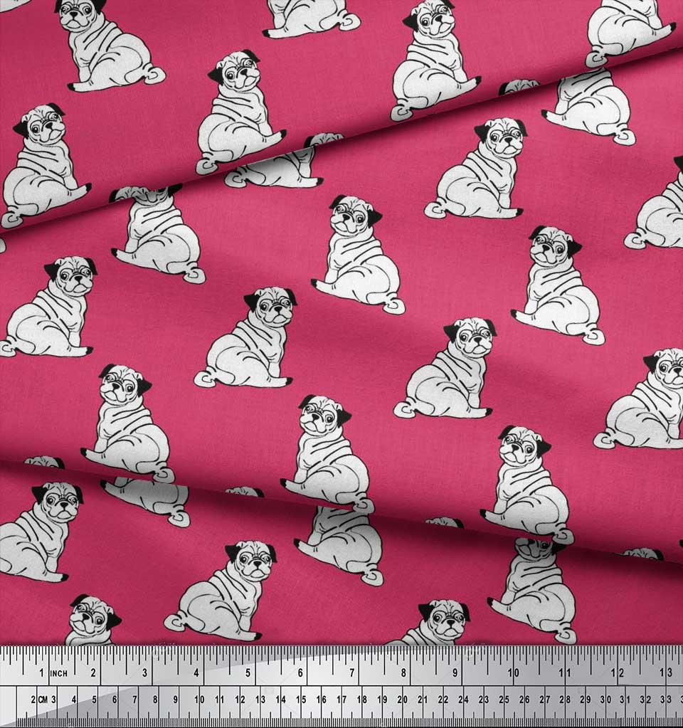 Soimoi Japan Crepe Satin Fabric Pug Dog Print Fabric by Metre 42 Inch Wide