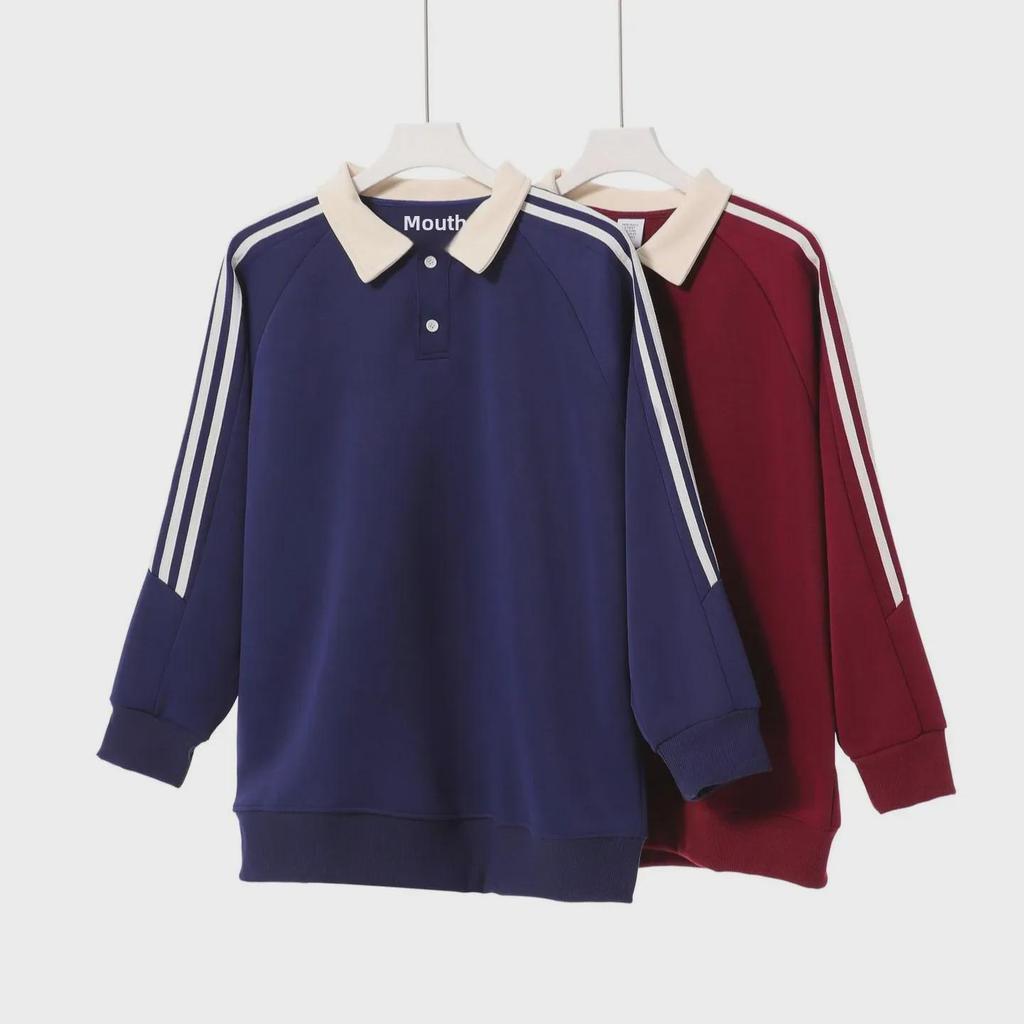 Полосатый свитер в стиле американского ретро-колледжа: Свободный крой, круглый вырез, длинный рукав, толстовка