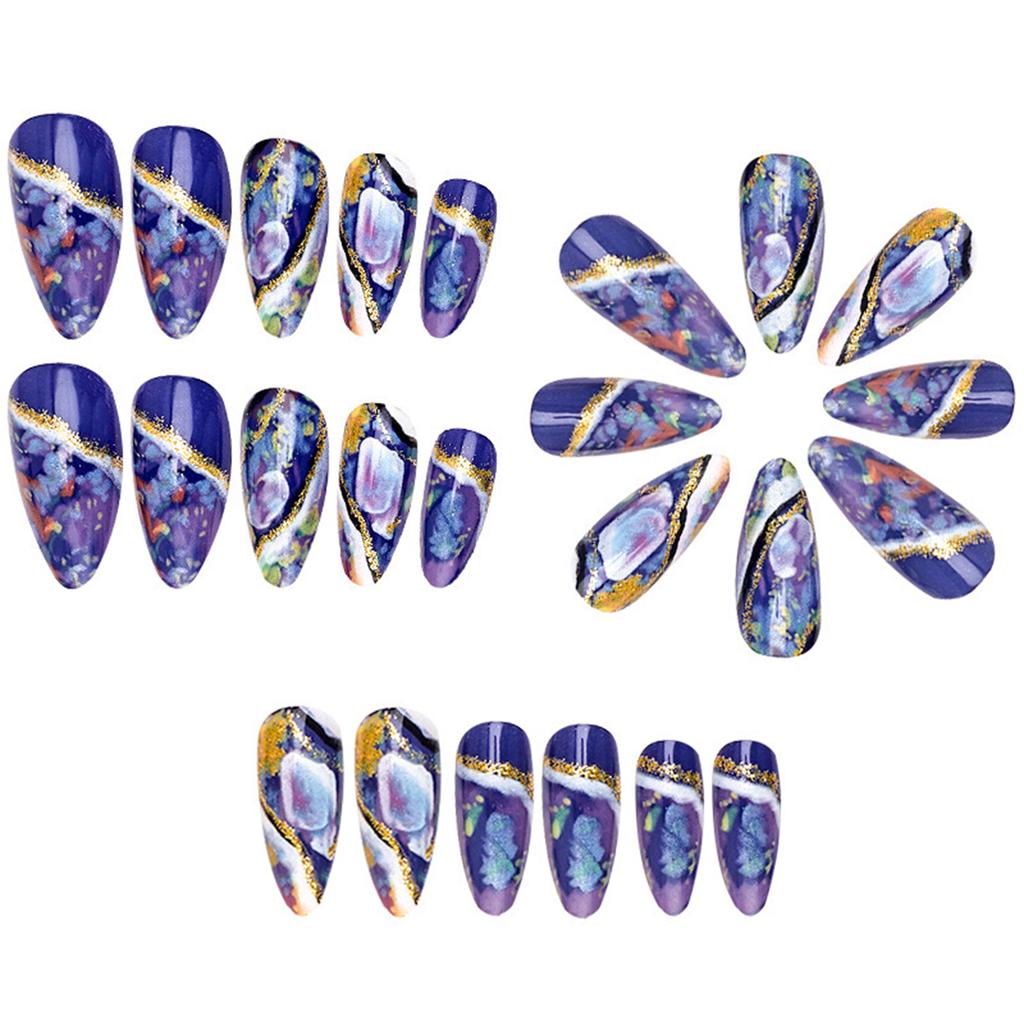 Blue Fake Nails with Colorful Decor Charming Comfortable to Wear Manicure Nails for Women and Girl Nail Salon