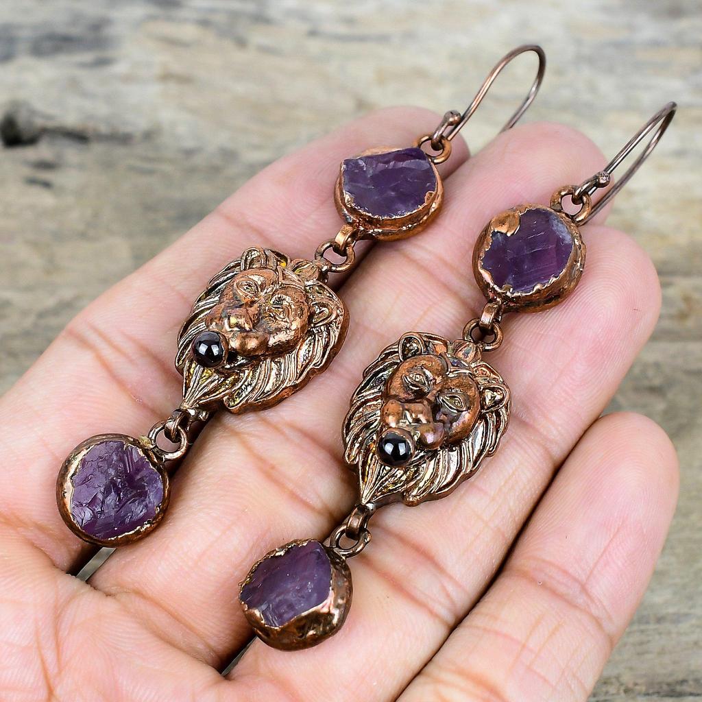 African Amethyst Rough Earring Electroformed Copper Earrings Lion Face Earring Antique Copper Jewelry Handmade Gemstone Earring Gift for Mom