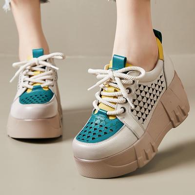 Модные осенние туфли на толстой платформе для женщин 2024 года из натуральной коровьей кожи разных цветов, дышащие полые туфли на танкетке