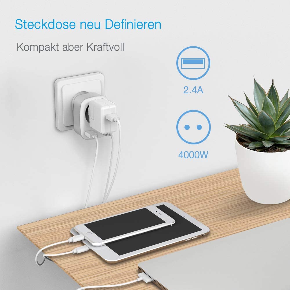 Tessan European Outlets Extender Power Strip with 1/3 AC Outlets, 2 USB Charging Ports and On/Off Switch EU Wall Socket for Home, Office, Travel