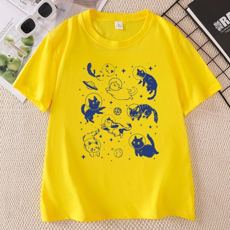 Cats In Space T Shirt Funny Cat Tshirt Oversized Graphic Vintage T Shirts Round Neck Printed Cotton Short Sleeve Tees Male