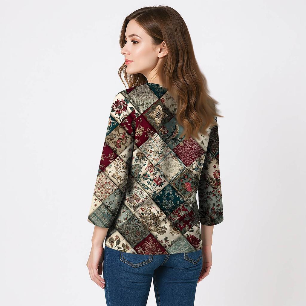 Women's 3/4 Sleeve Shirts V Neck Print Tops Casual Tops Basic Tees Blouse Loose Tops