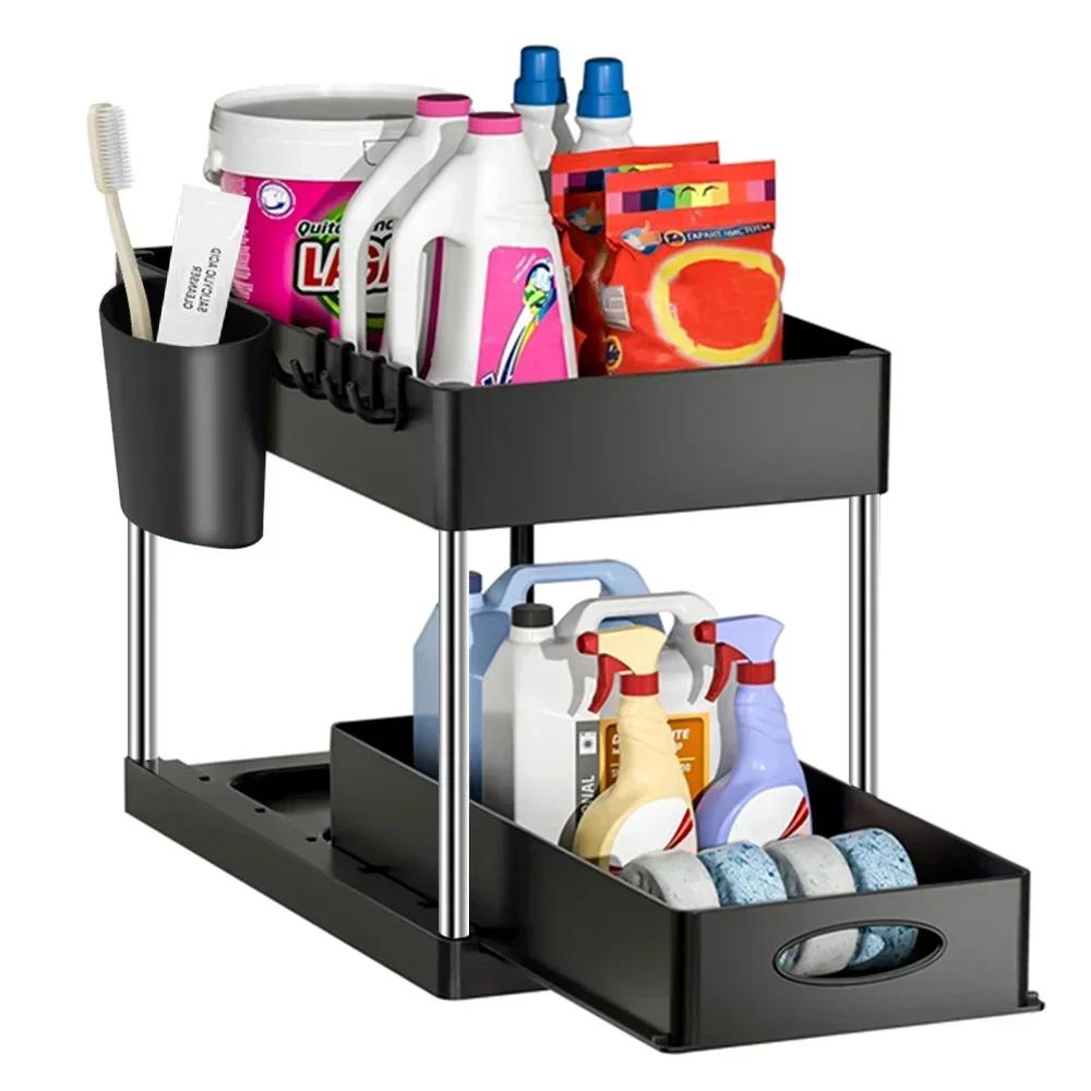 2 Tier Under Sink Organizer Sliding Cabinet Storage Rack With Hooks & Hanging Cups Multifunctional Kitchen Bathroom Organizer