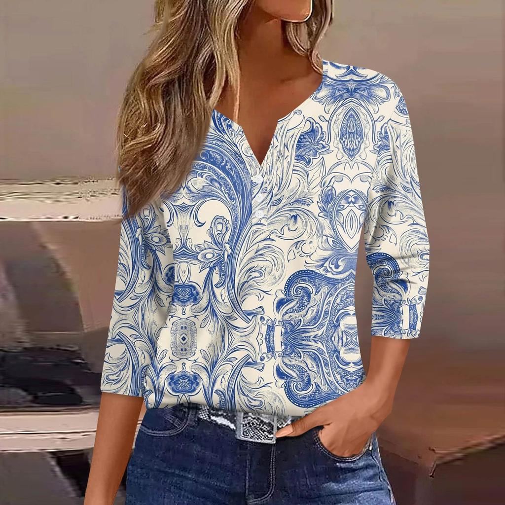 Women's T Shirt Print Button 3/4 Sleeve Daily Weekend Fashion Basic V- Neck Regular Top