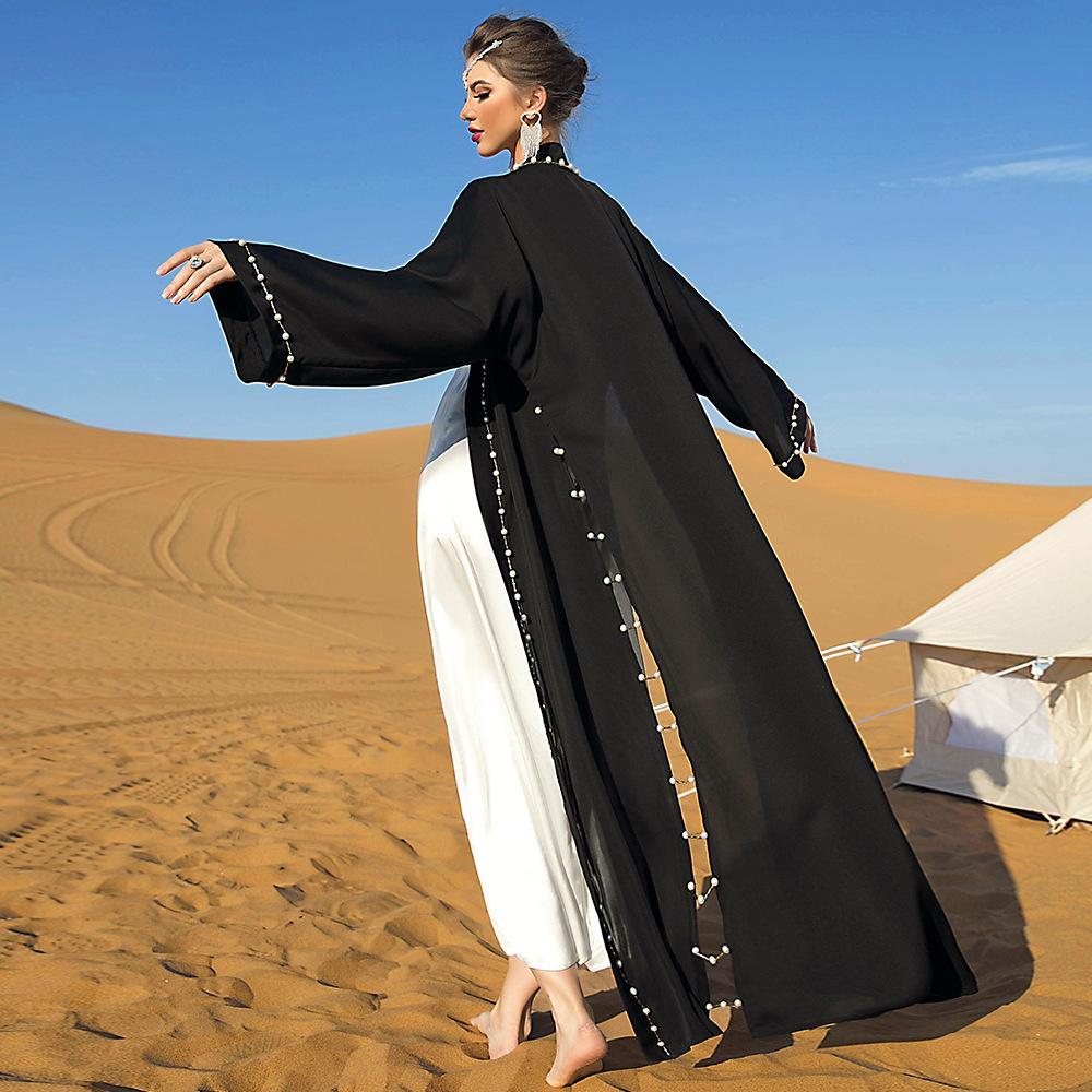 Женская одежда Черное винтажное свободное арабское платье с длинным наружным поясом и бисером