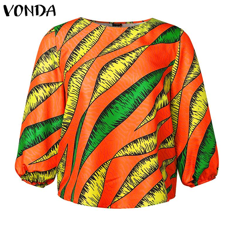 VONDA Женская летняя свободная блузка большого размера с круглым вырезом и девятиточечным пышным рукавом с геометрическим узором и принтом